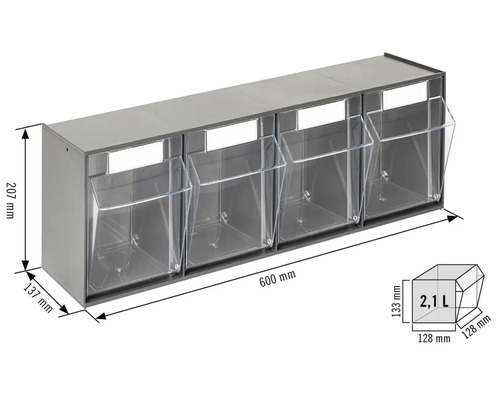INDUSTRIEEL klein materiaalmagazijn, 4 compartimenten, 60 x 20,7 x 13,7 cm, antraciet