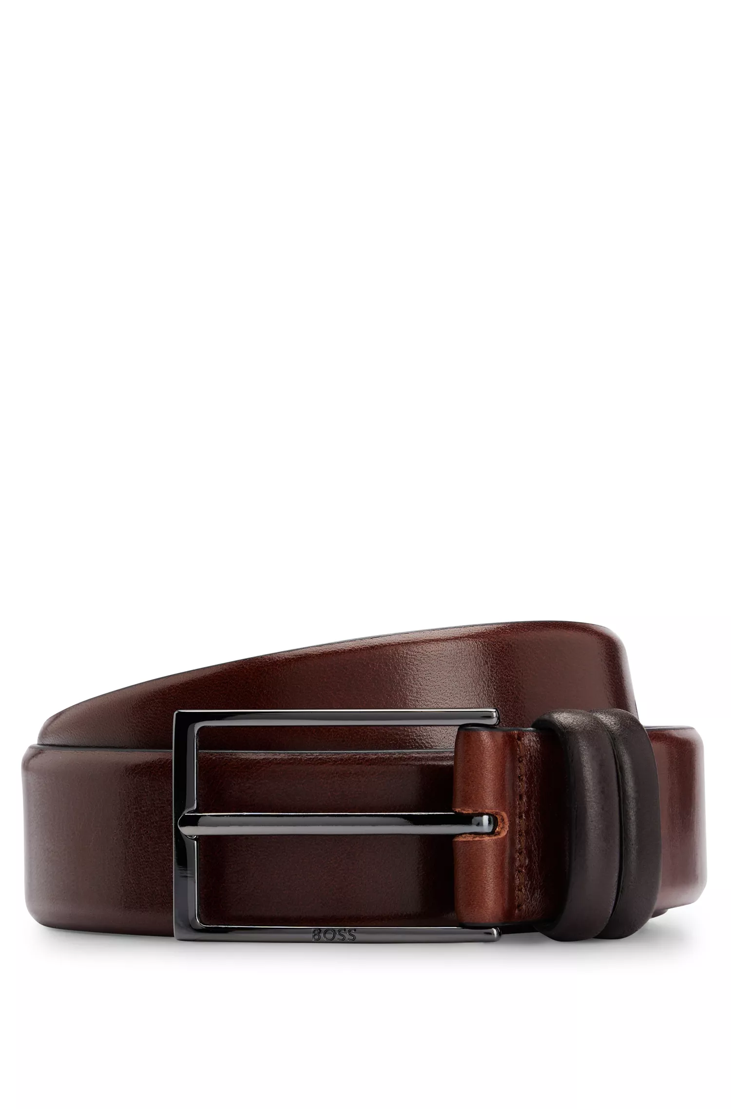 Cinto BOSS em couro curtido vegetal preto com detalhes em metal grafite.