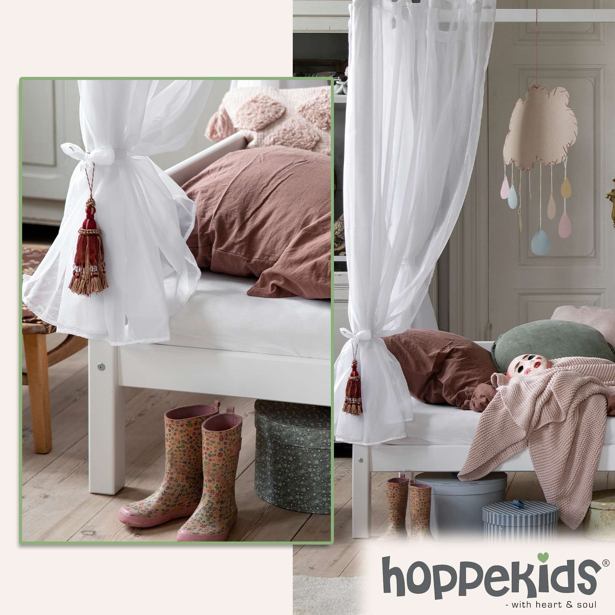 Hoppekids Himmelbett »ECO Dream Kinder/ Prinzessinnenbett 90x200cm, H= 182 cm, Kiefer massiv« wahlweise mit Gästebett oder Schubkästen