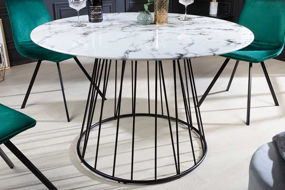 Runder Esstisch PARIS 120cm weiß Marmor-Design Glas schwarzes Metallgestell