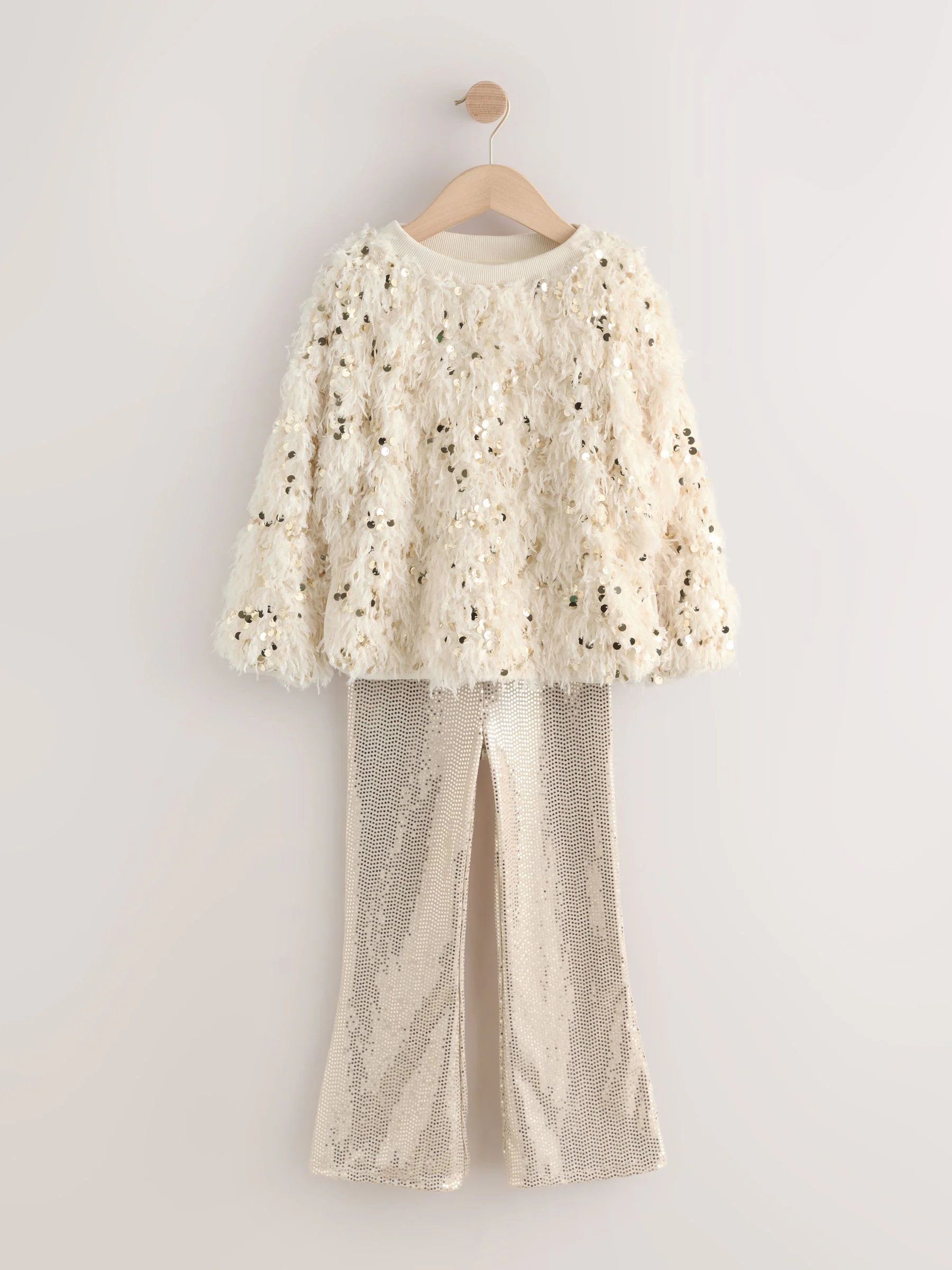 Crème/Goud wollige Pailletten - Party-set met top en flared legging (3-16jaar)