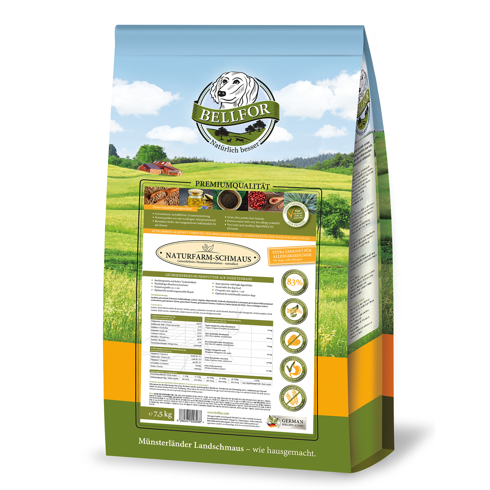 Nourriture sèche sans céréales pour chiens aux insectes - naturfarm-schmaus - 7,5 kg