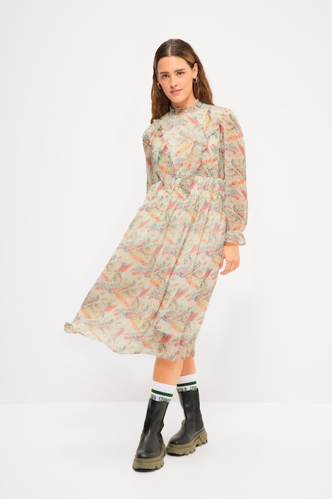 Midikleid, A-Line, Print, Rüschen-Stehkragen, Langarm