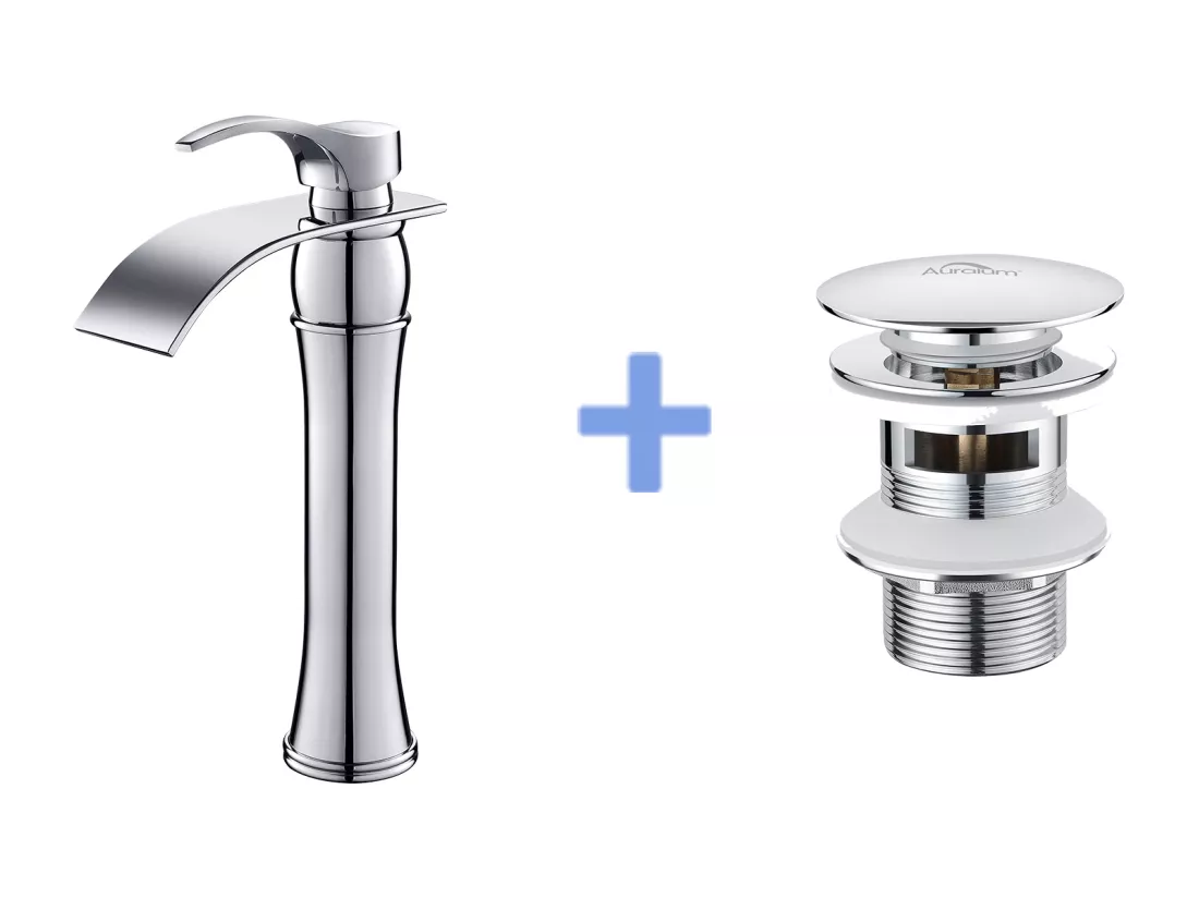 Mitigeur Lavabo Cascade Robinet Lavabo/Vasque Haute Bec Moocommand,Chromé+Bonde Lavabo Bonde Pop-up avec Trop-plein Automatique Universelle