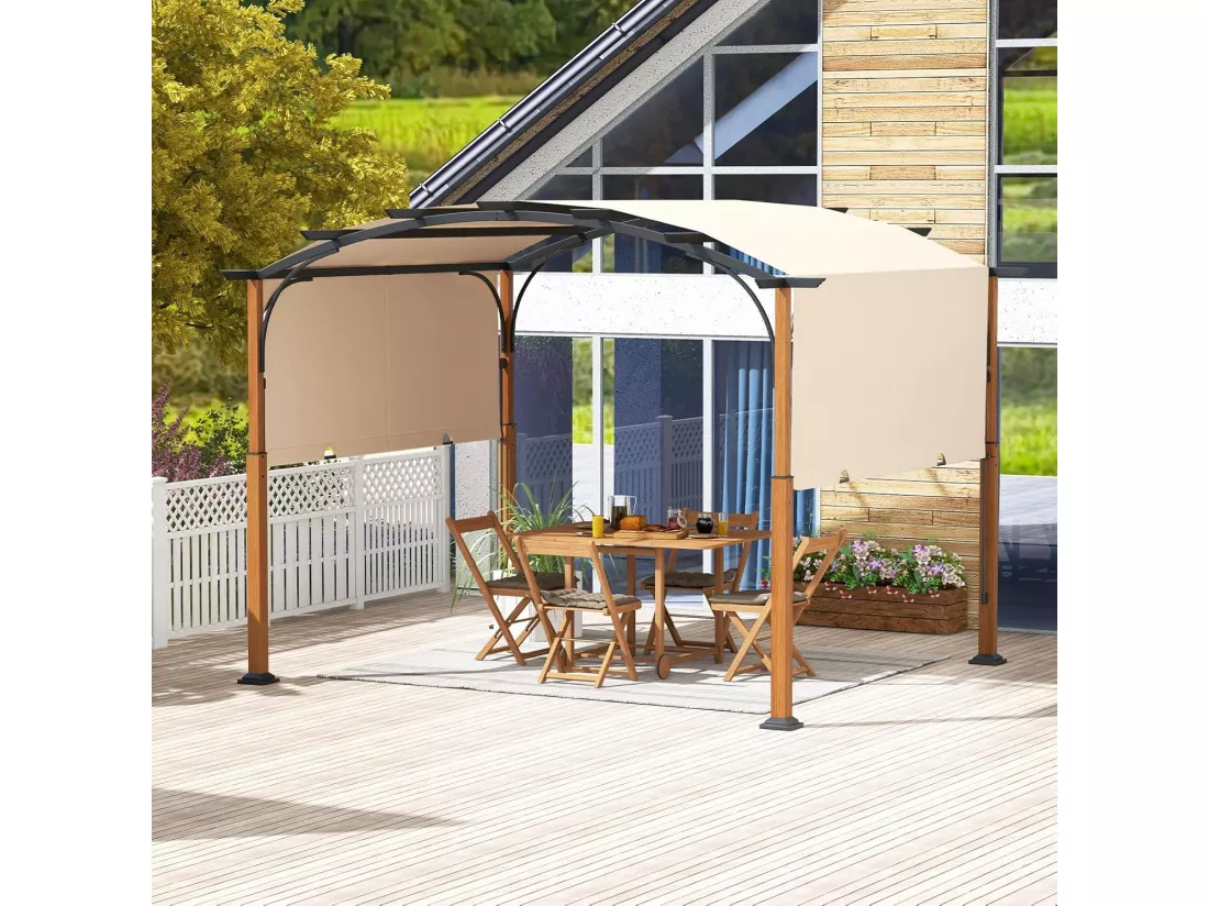 Pergola Rétractable d'Extérieur 300 x 360 CM, Pergola Métallique à Arcs pour Patio avec Auvent Rétractable Poteaux Aspect Bois, Tonnelle Treillis pour Jardin Patio Porche Cou (Beige)
