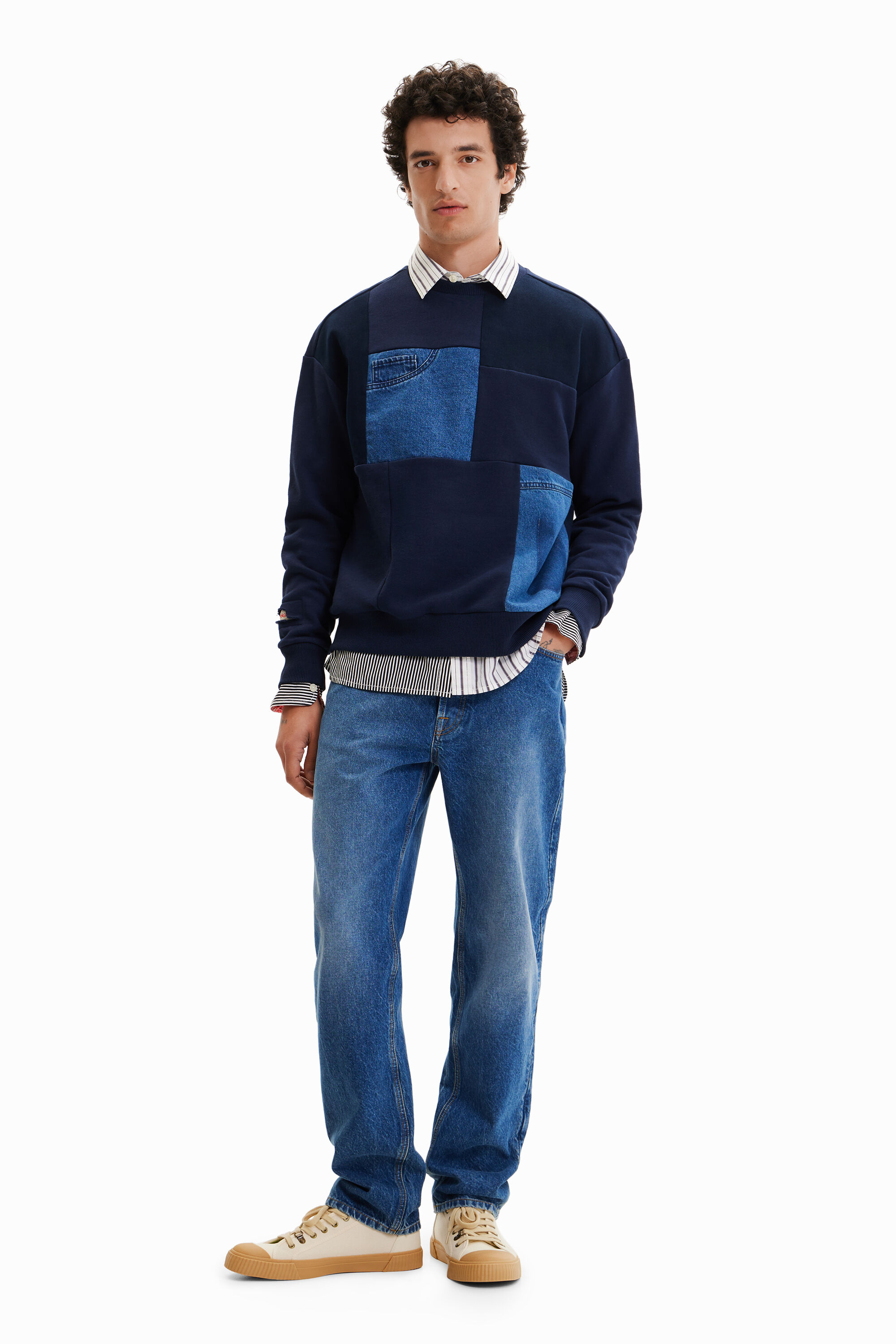 Sweat-shirt patchwork denim