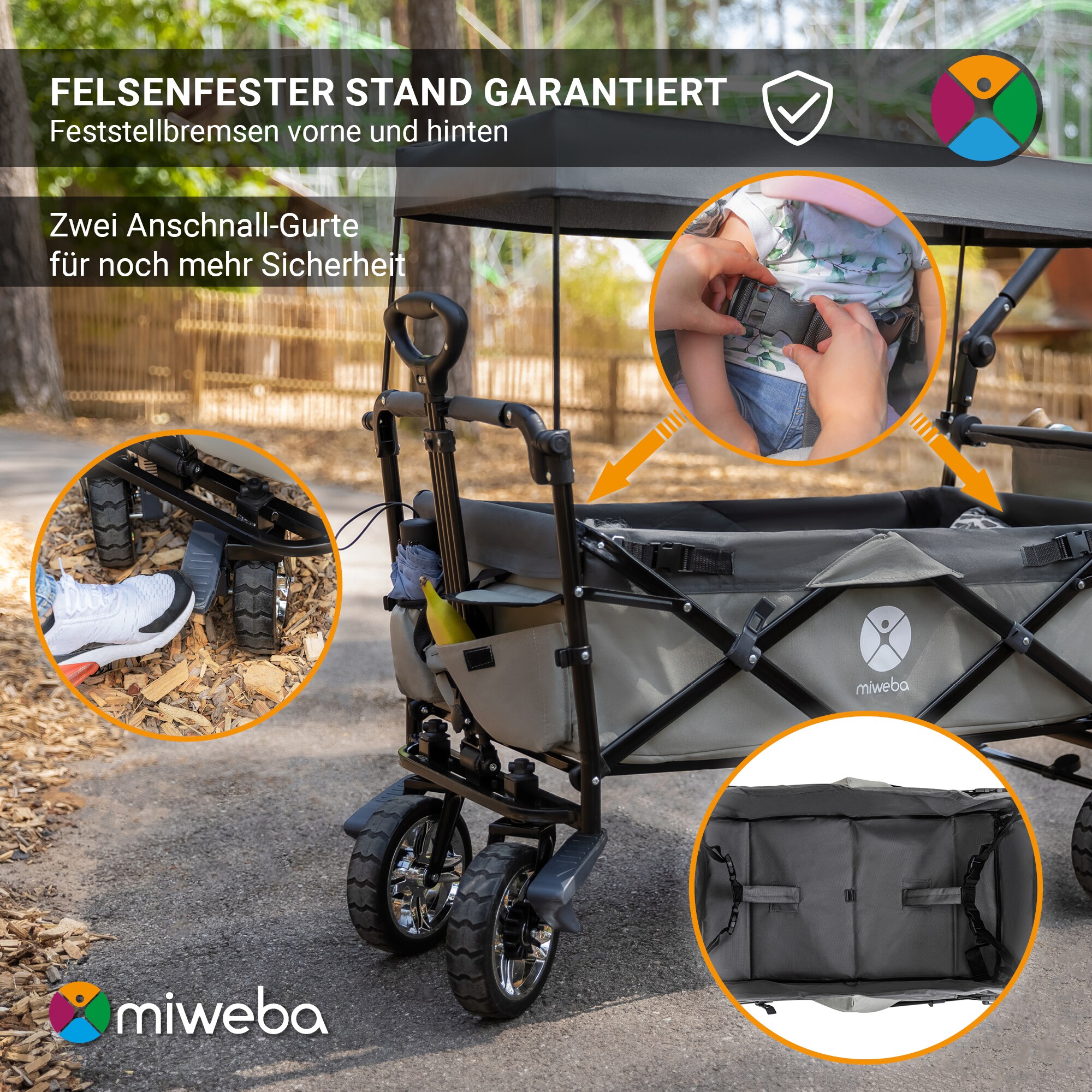 Miweba Bollerwagen MB-20 faltbar, Sonnendach, Schiebe- und Zugstange, Stauraumverlängerung, 360°-Räder (Hellgrau/Dunkelgrau)