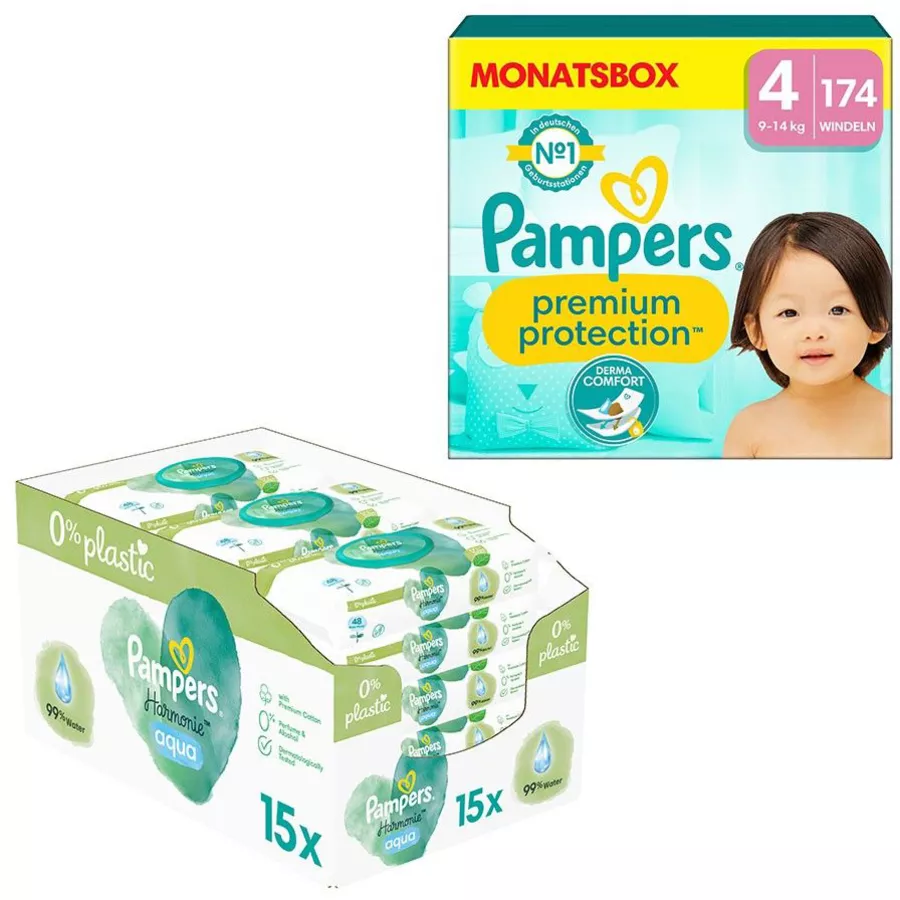 Pampers Windel-Set Premium Protection, Gr. 4 Maxi, 9-14kg (174 Windeln) und Feuchttücher Aqua 720 Tücher (15 x 48 Stk)