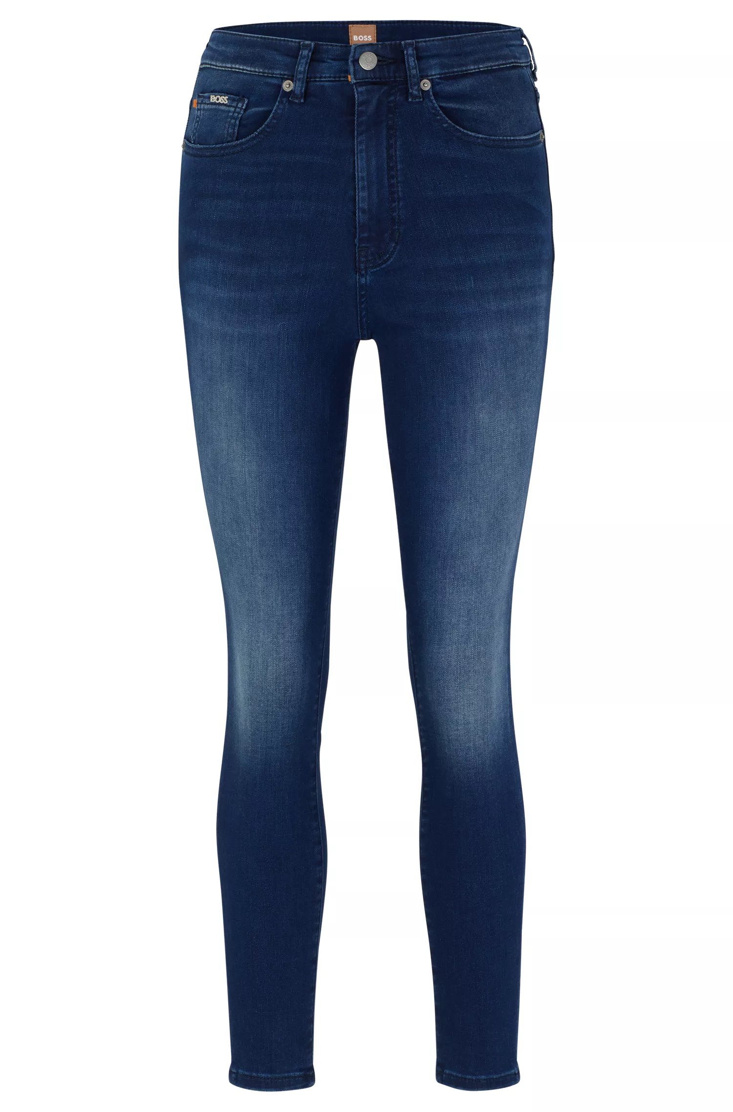 Calça jeans BOSS preta de cintura alta em denim power-stretch azul.
