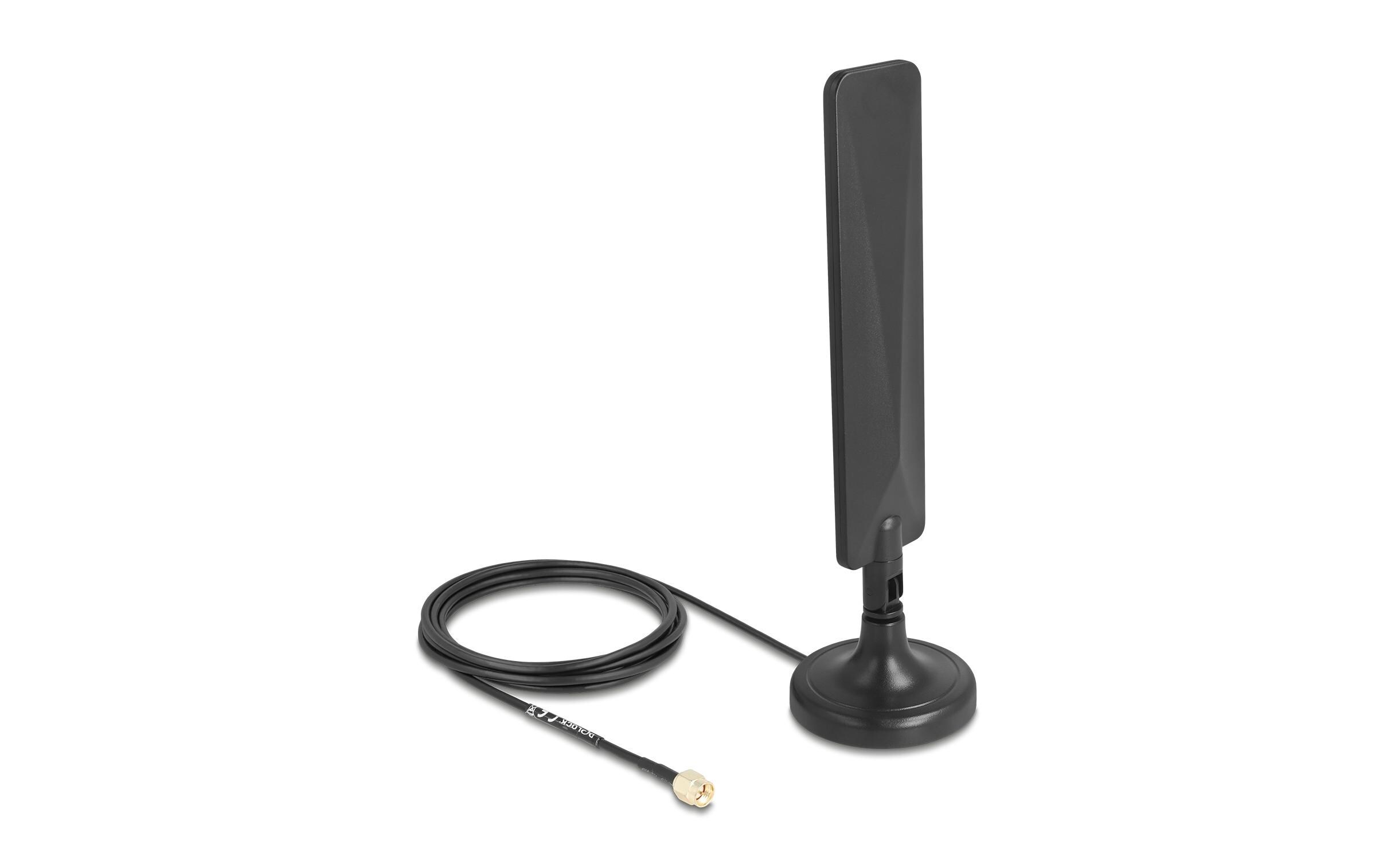 5G/LTE-Antenne SMA Stecker 3 dBi SMA 3 dBi RundstrahlDelock 5G LTE Antenne SMA Stecker 3 dBi omnidirektional mit Anschlusskabel RG-174 3 m mit Kippgelenk mit magnetischem Standfuss Schwarz