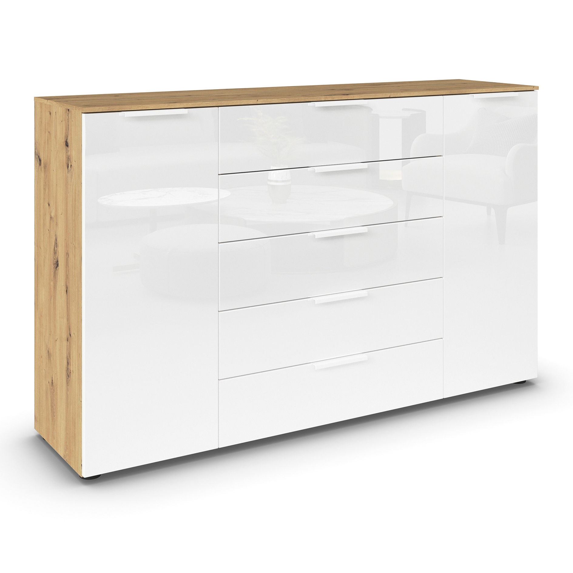 Kommode - Artisan Eiche-Kristallweißglas - weiße Griffe - 160 cm