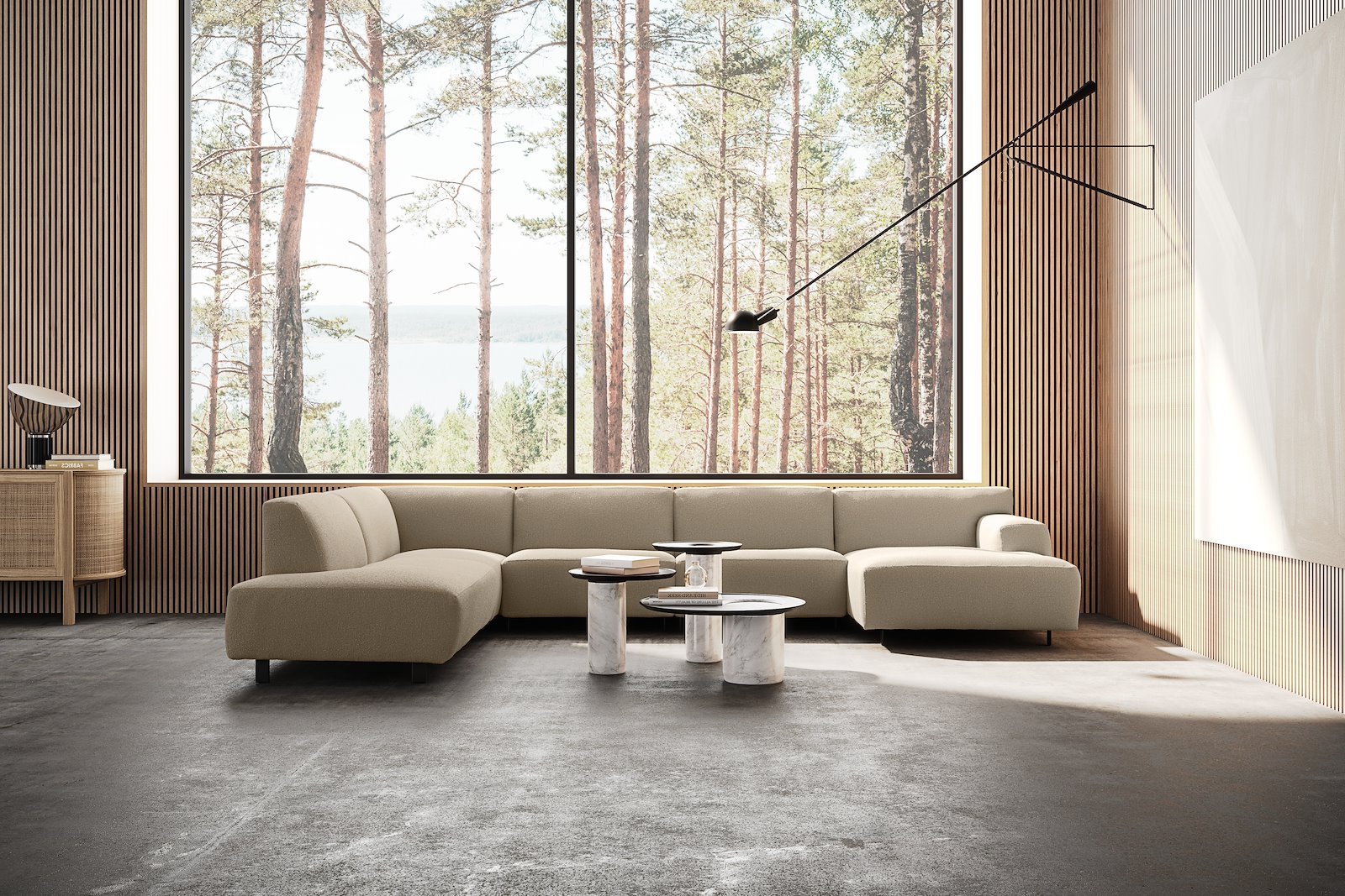 Vesta U-sofa Sjeselong høyre, 3-seter og åpen ende venstre. Big hjørnemodul, Tekstil Gianni Sand, sort metallben 10 cm, Comfort CM