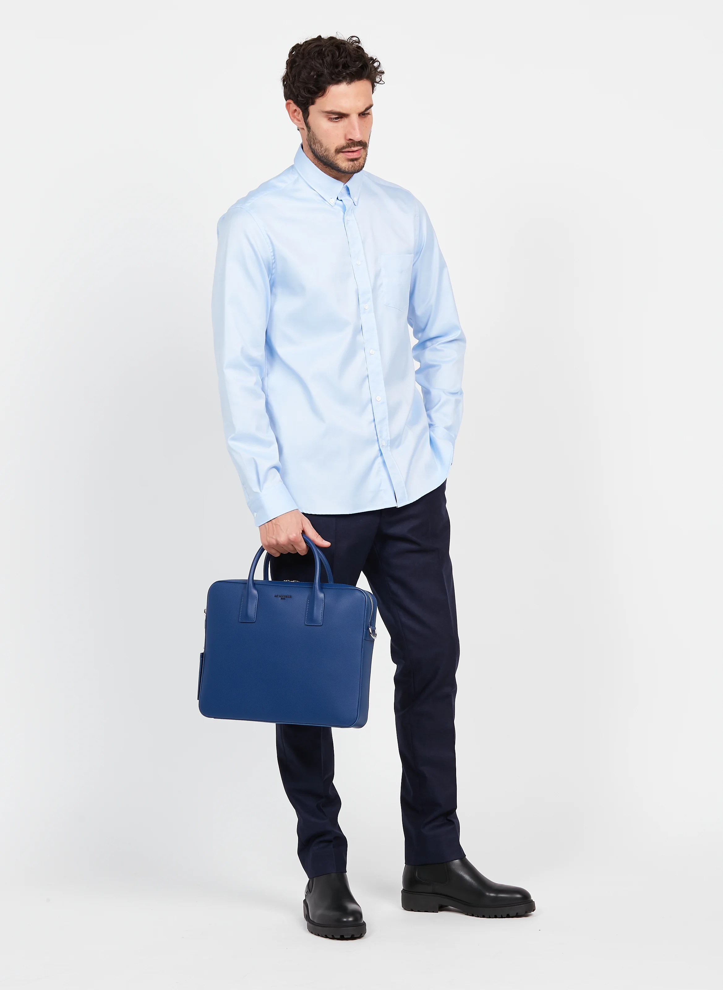 Chemise droite en coton oxford uni | Bleu