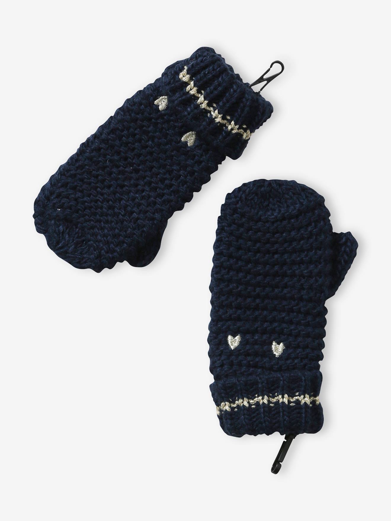 Conjunto de gorro, cachecol e luvas com estampa de corações em azul escuro, para meninas.
