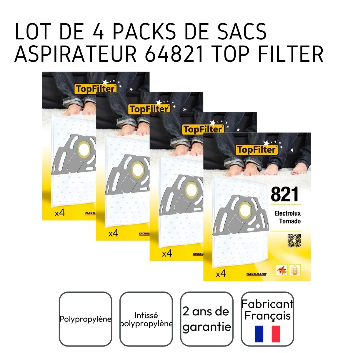 Lot de 4 packs de 4 sacs aspirateur 64821 pour Tornado et Electrolux P