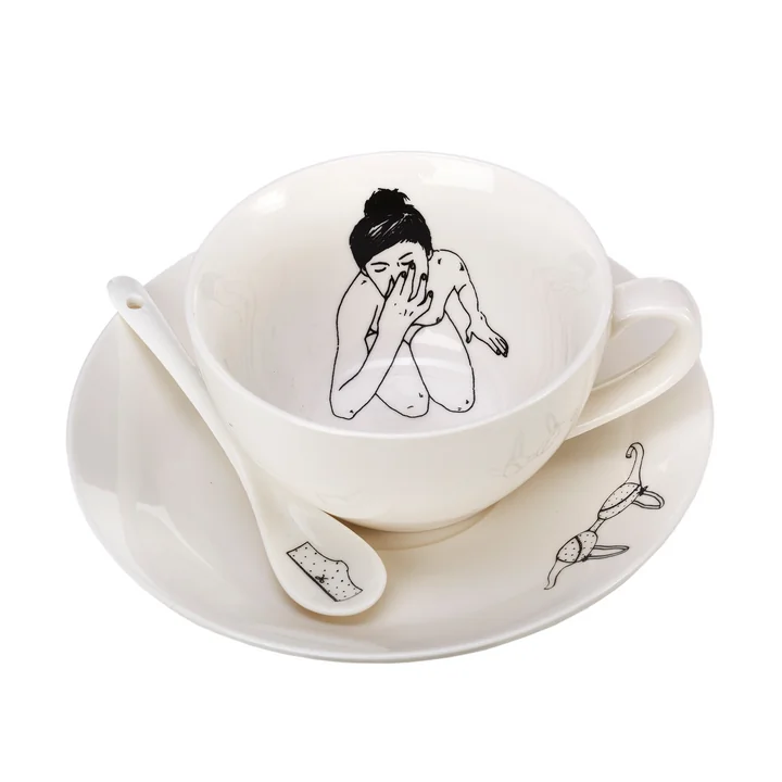 Pols Potten - Undressed Tasse mit Untertasse, weiss (4er-Set)