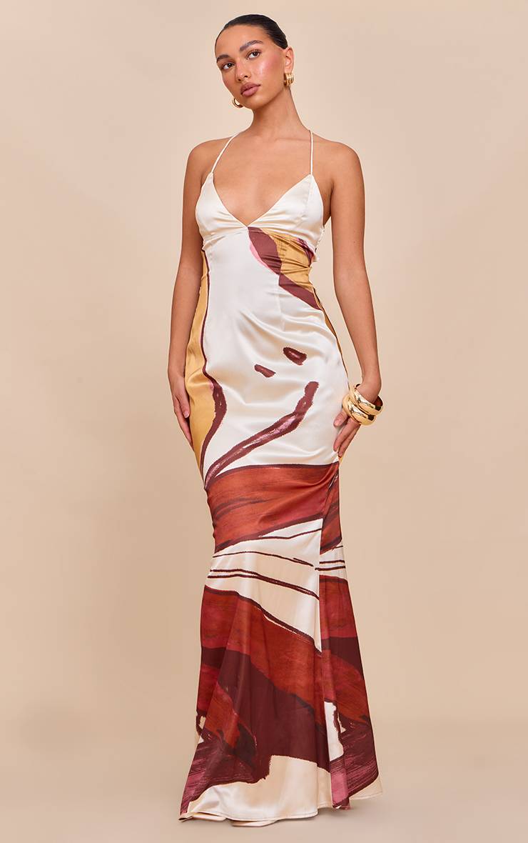 Beige Robe Longue En Satin Avec Nœud Au Dos