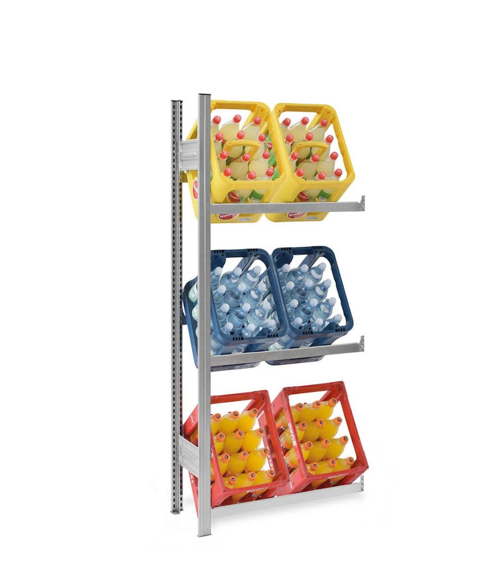 PROREGAL Drankkrattenrek, insteeksysteem, T-profiel, opzetplank, HxBxD 175 x 75 x 30 cm, plankbelasting 100 kg, 3 niveaus voor 6 drankkratten, verzinkt