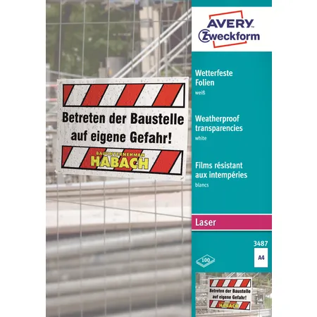 Avery Zweckform 3487 Wetterfeste Folie, DIN A4, beidseitig beschichtet, 100 Bogen