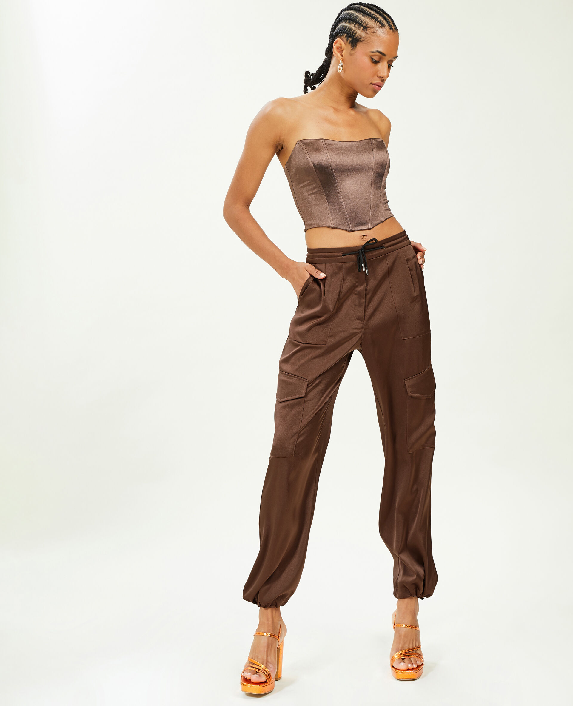 Pantalon cargo en tissu satiné - Marron