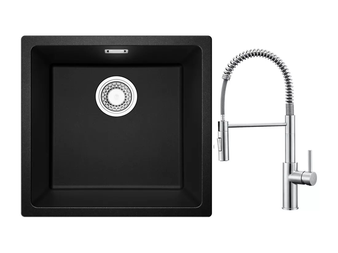 CECIPA MAX Evier 1 Bac en Quartz et Résine Noir Gris 45*44*20cm + Mitigeur de Cuisine à Ressort Brossé avec Douchette Extractible