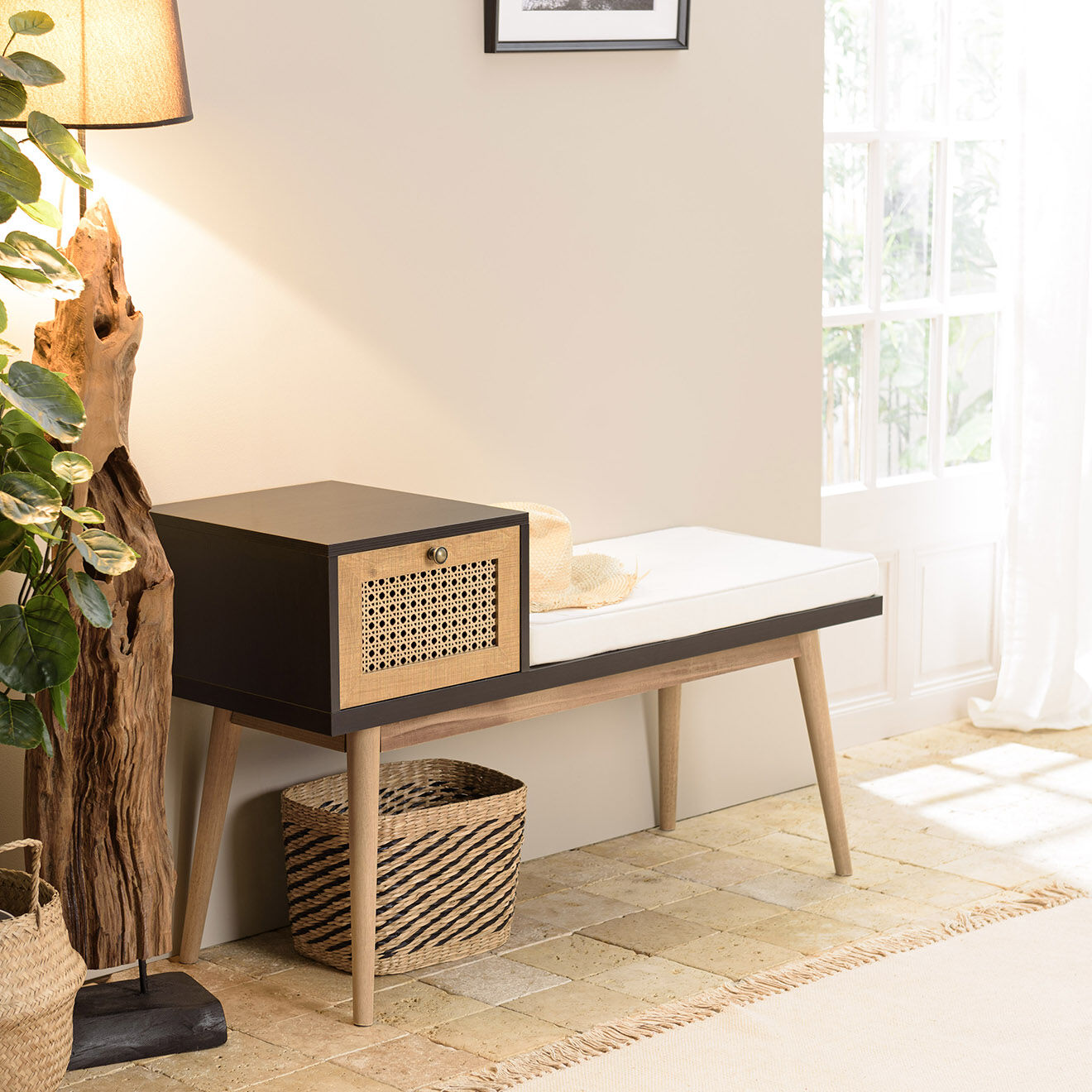 Macabane Banc 1 tiroir rotin marron/noir - 110x40x64 cm