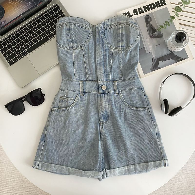 Iasia - Strapless gewassen denim romper
