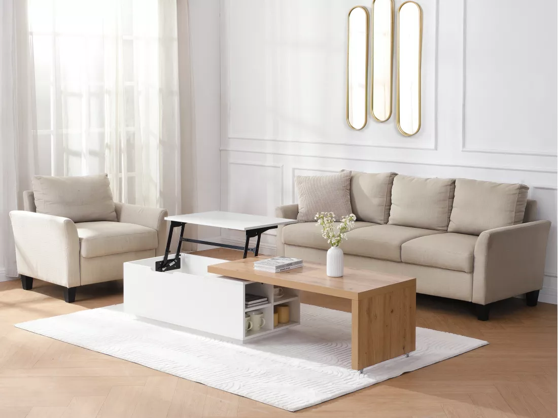 Table basse relevable et pivotante en MDF - Naturel et blanc - PELINIA