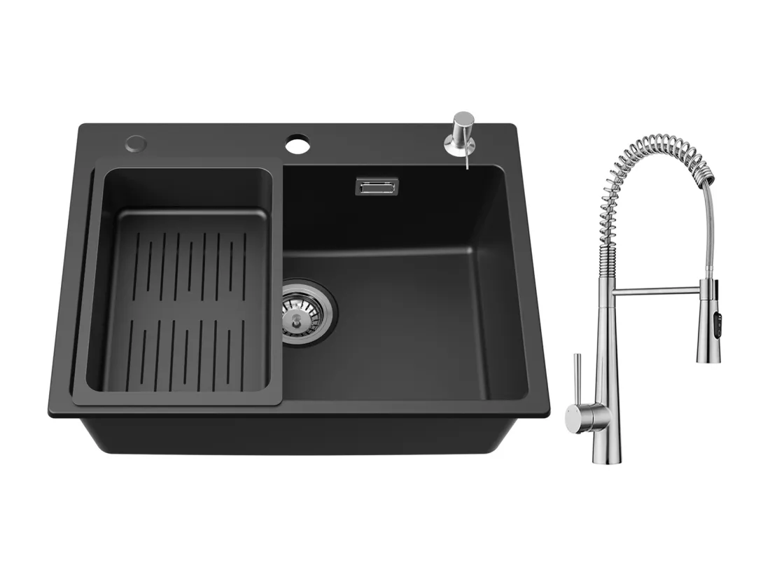 Cecipa max Evier en Quartz 60*45cm, avec Panier de Vidange et Distributeur de Savon + Mitigeur Cuisine à Ressort avec 3 Modes de Sortie D'eau, Brossé
