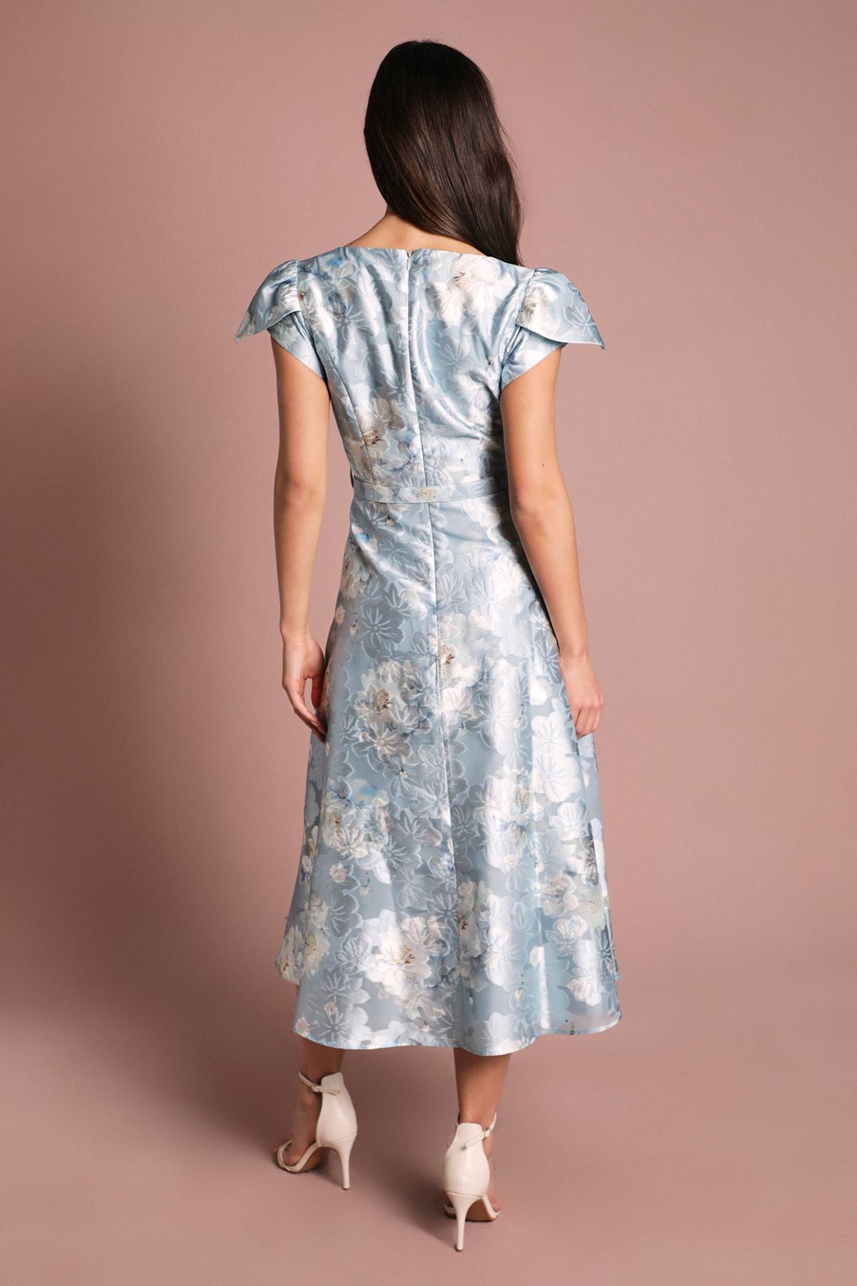 Coast Robe Midi Imprimée À Encolure Carrée Avec Manches Courtes Et Ceinture