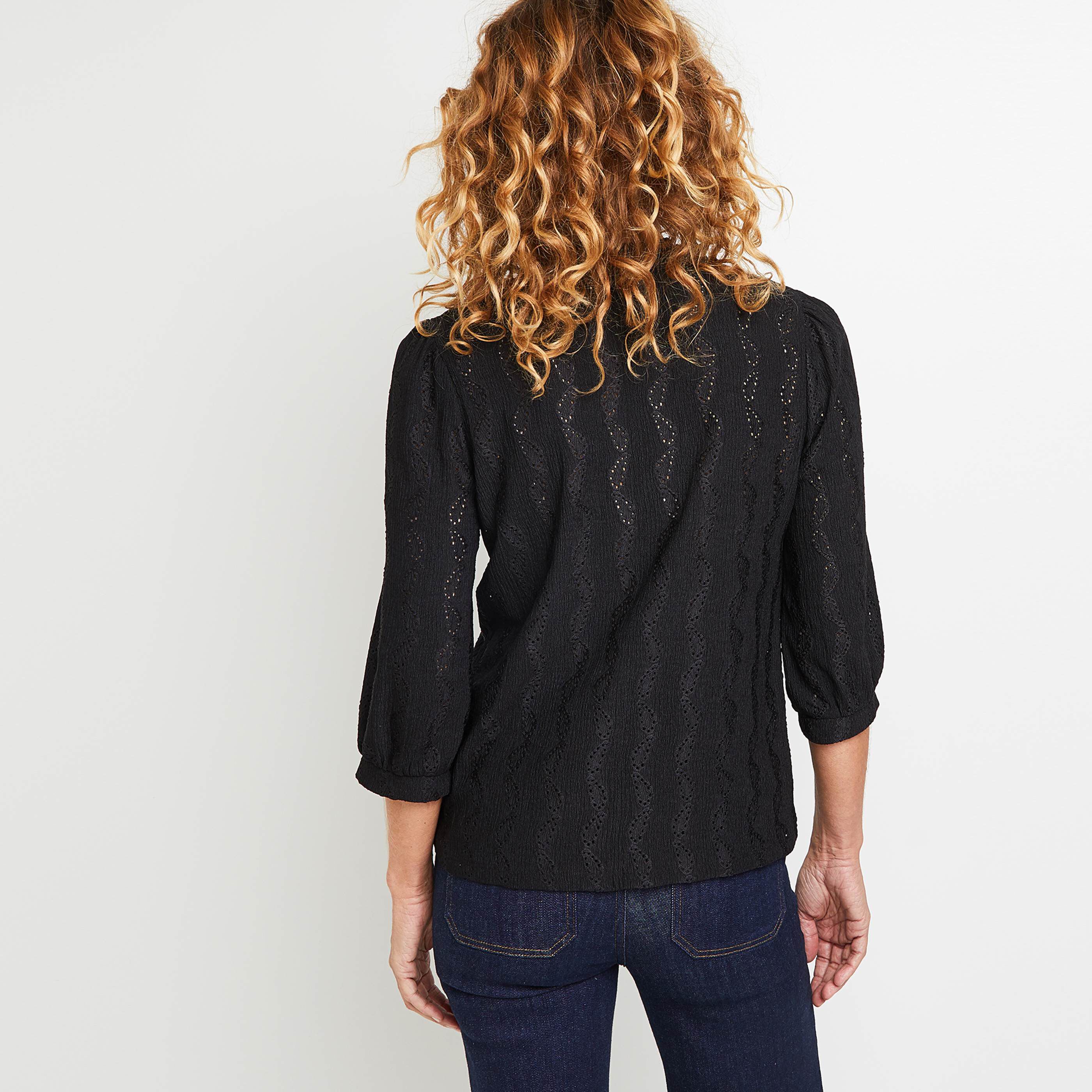 T-shirt ajouré col tunisien femme - NOIR