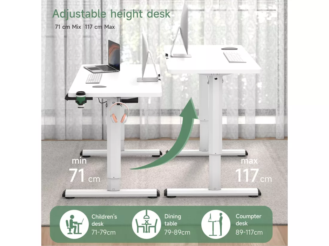 Bureau Assis Debout Electrique, 110x60cm, Bureau Motorisé Ergonomique, Contrôle de mémoire, Standing Desk Réglable 71-117cm, Blanc