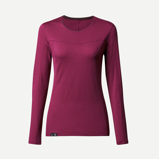 Decathlon Forclaz - Camiseta feminina de manga comprida Forclaz MT500 em lã merino - BORDÔ