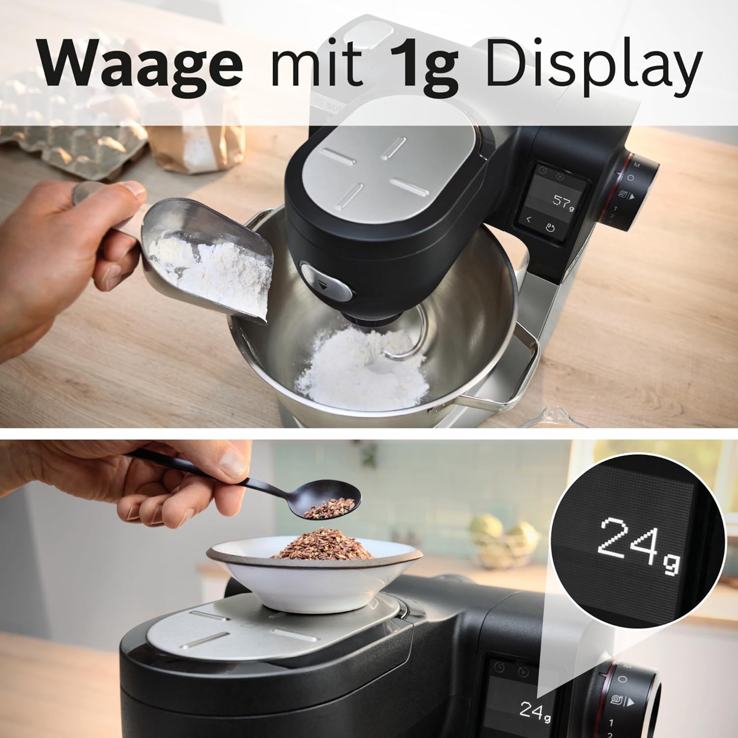 Bosch Küchenmaschine Serie 6, 2 Schüsseln 5,5 l (Edelstahl, Kunststoff), integr Waage, 7 Automatikprogramme, 7 Stufen, Planetenrührwerk, Knethaken/Rühr-/Silikonbesen spülmaschinenfest, MUMS6ZS18