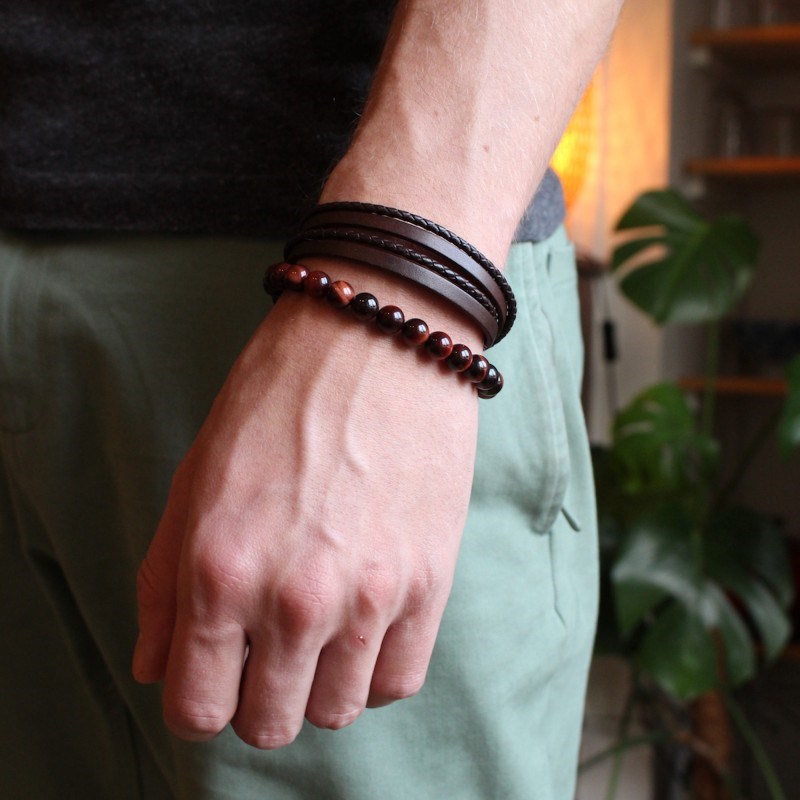 Bracelet perles oeil de taureau homme - gravure AMOUR COEUR