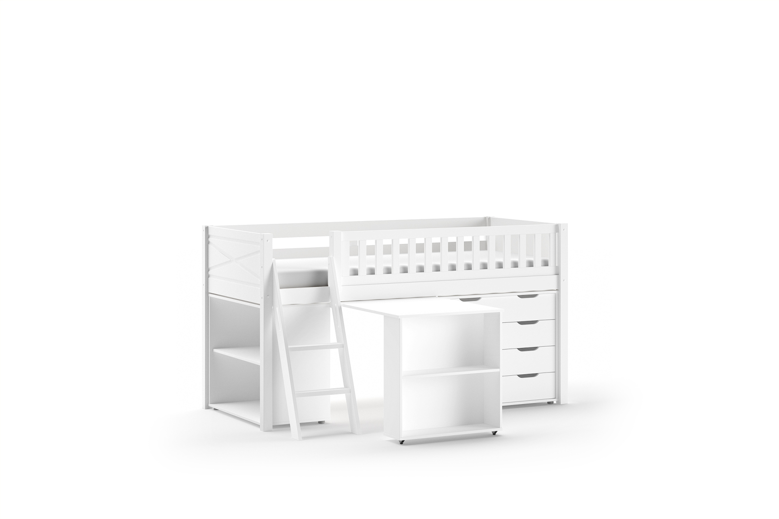 Spielbett SCOTT - weiß - Schreibtisch, Regal und Kommode - 90x200 cm