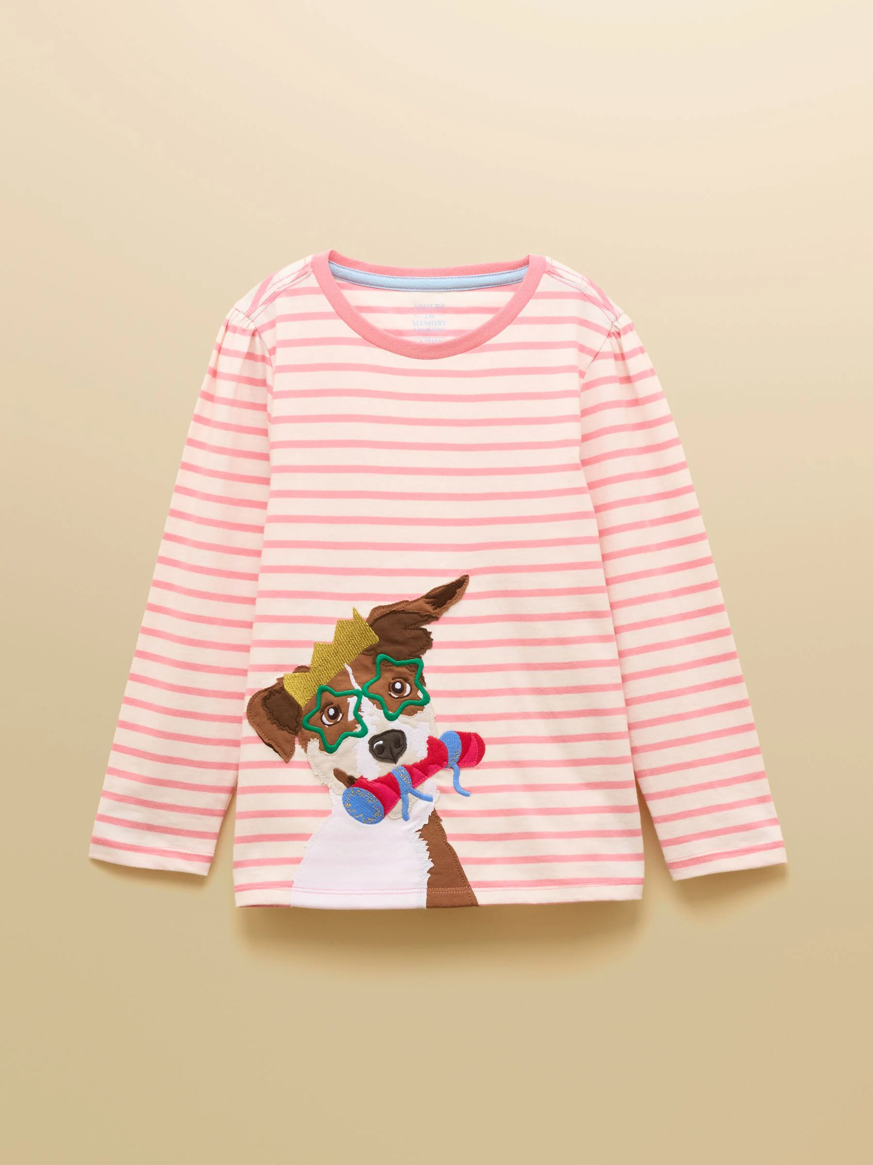 Pink Stripe Dog - Joules Girls' Ava Applique Long Sleeve Top