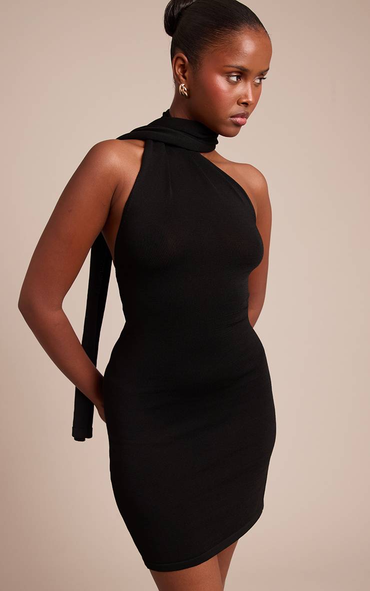 Noir Robe Mini Tricotée À Détail Foulard