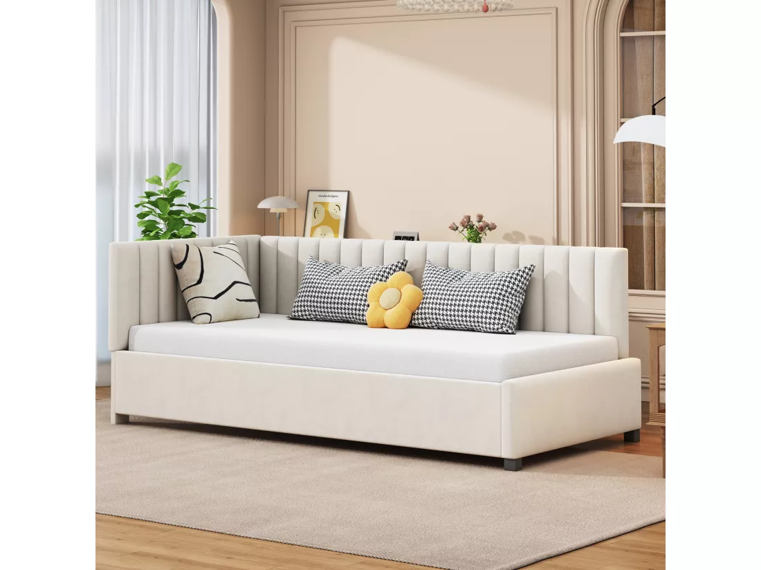 Canapé-lit rembourré 90*200, Lit multifonctionnel avec sommier à lattes, Tissu velours, Beige