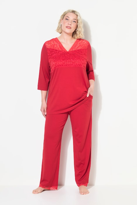 Pyjama, Spitzeneinsatz, V-Ausschnitt, 3/4-Arm