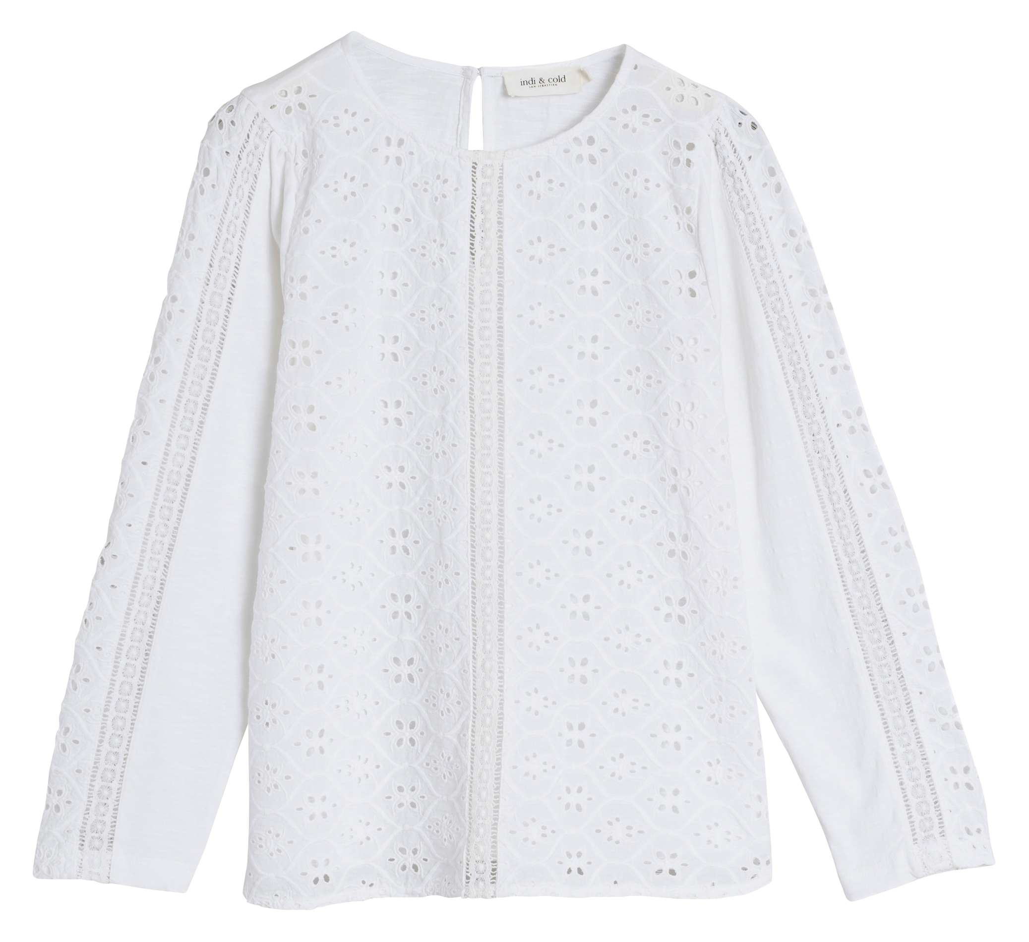 Top droit col rond brodé en coton | Blanc