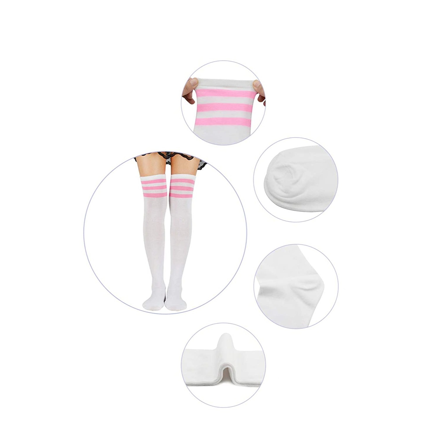 (1 Paar) Knie Socken Damen Over Knee Strümpfe (One Size) - Weiss / Schwarz