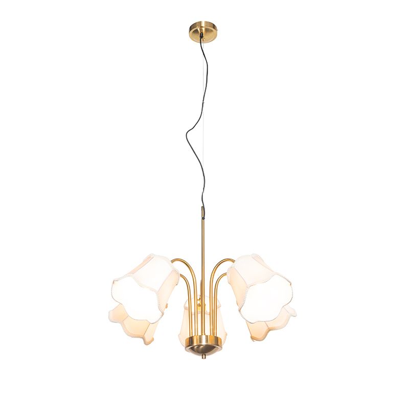Klassieke hanglamp messing met witte lampenkap 5-lichts - Nona