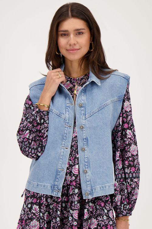 Blauw denim gilet met schoudervulling