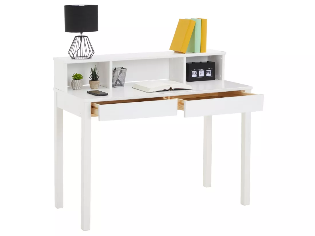 Bureau LENNOX avec rangement 2 tiroirs et 3 niches, en pin massif lasuré blanc