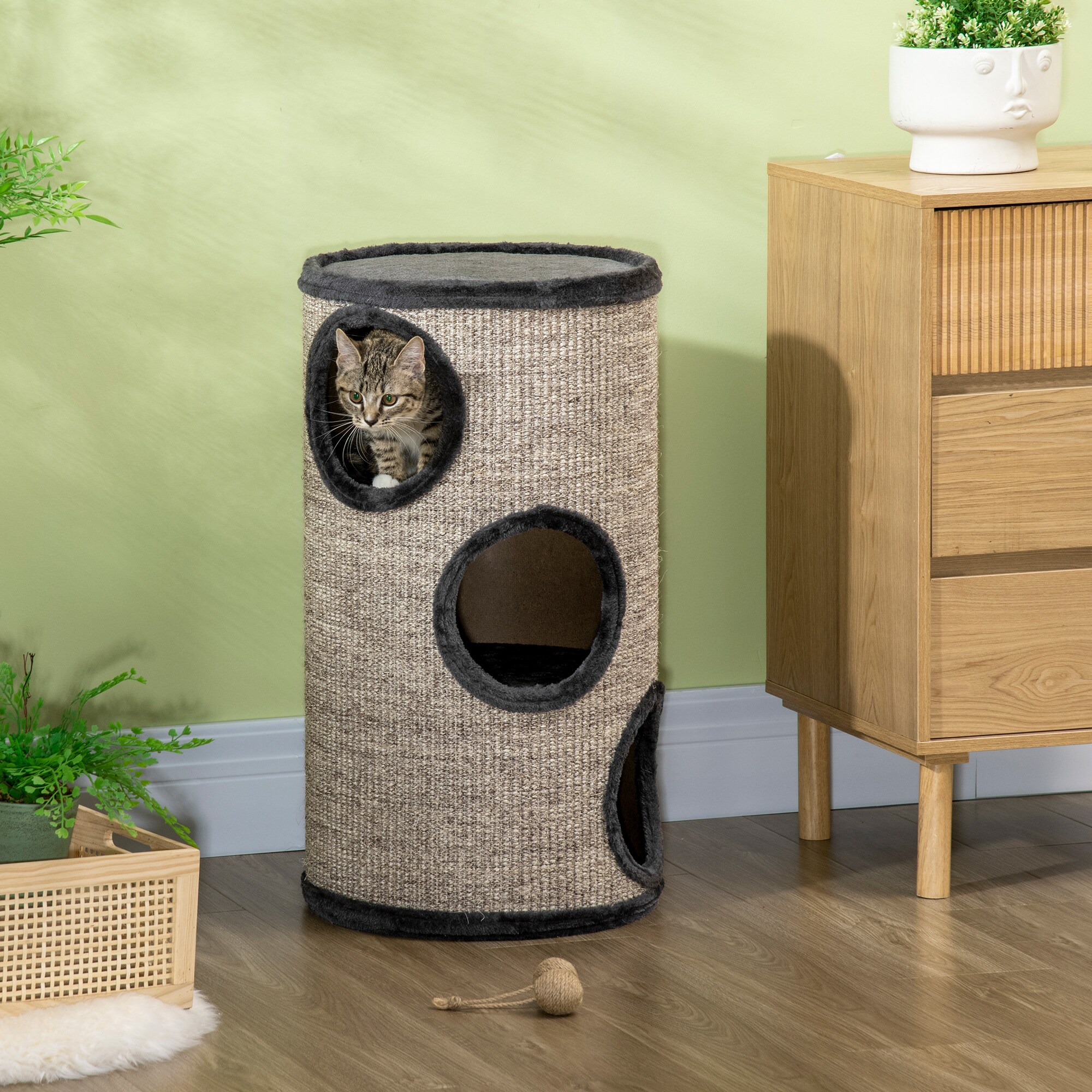 PawHut Kratztonne mit 3 Höhlen grau 38L x 38B x 70H cm
