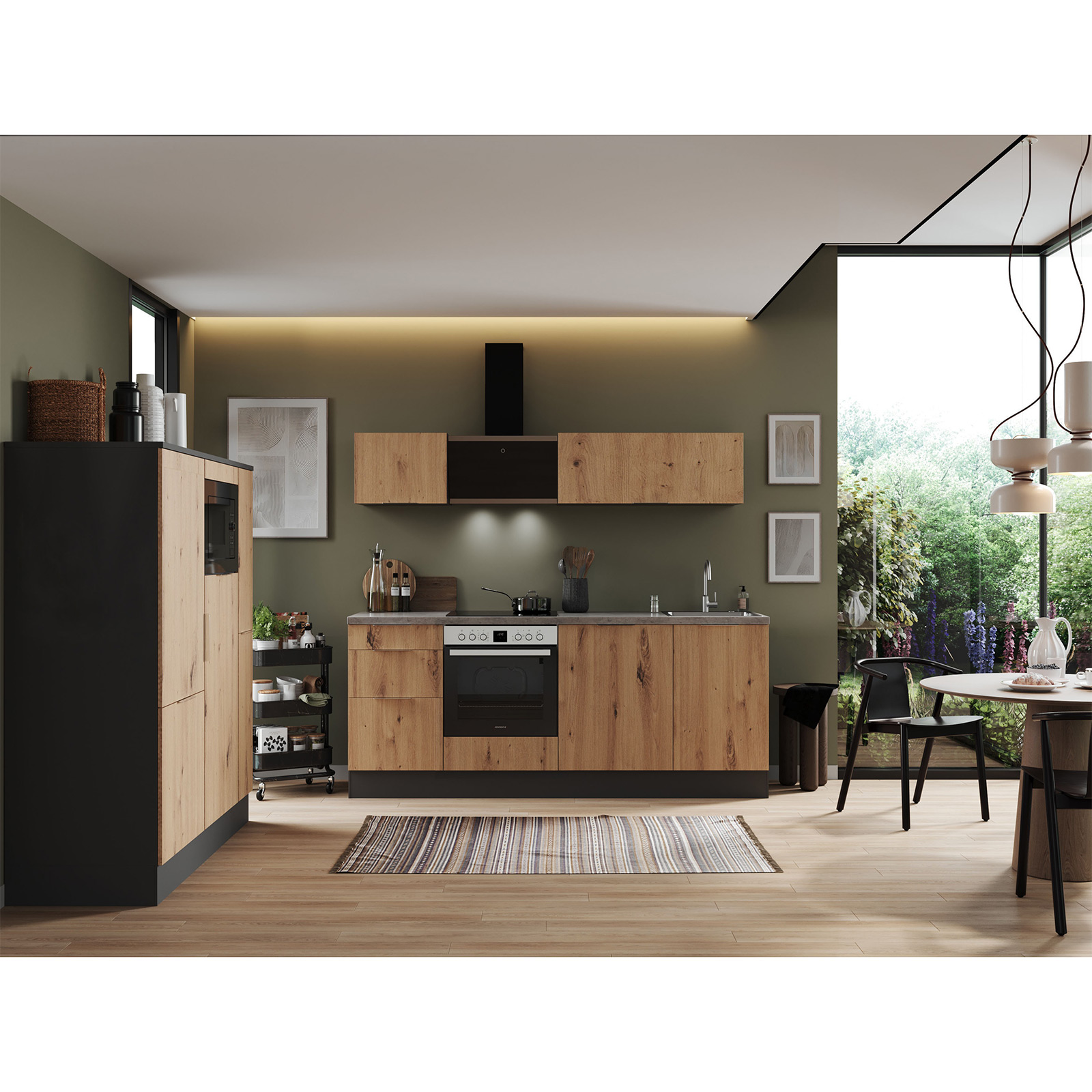 RESPEKTA Küchenblock - Artisan Eiche - grau matt - mit E-Geräten - 370 cm
