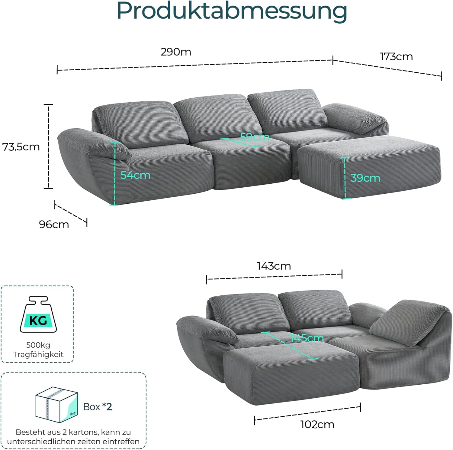 LINSY HOME Ecksofa mit Schlaffunktion - 290cm Corduroy Modulares Schlafsofa, L-Form Couch inkl. Ottomane, Ideal zum Gemütlichen Lümmeln, Keine Montage Erforderlich (Grau)