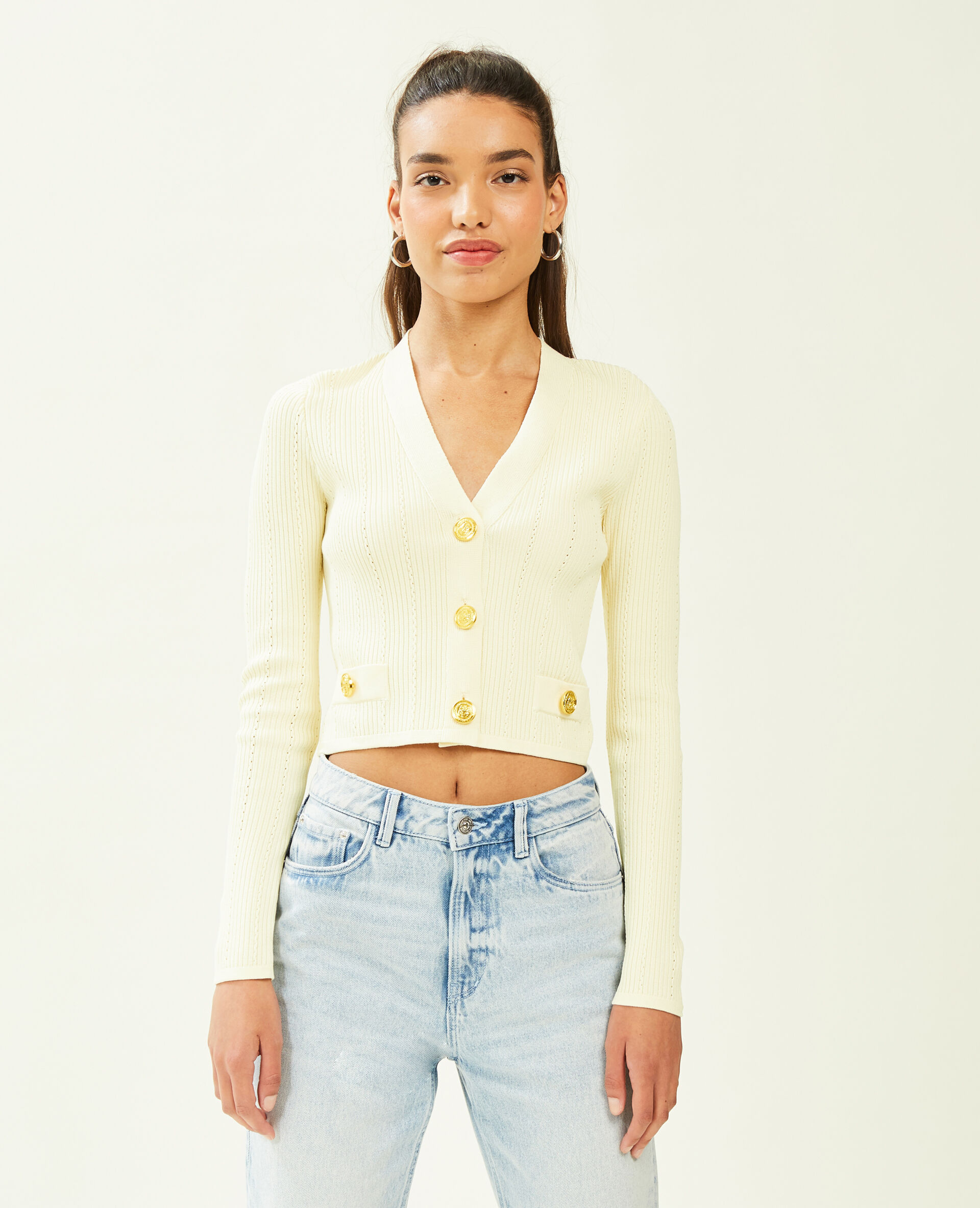Cardigan uni en maille stretch - Blanc