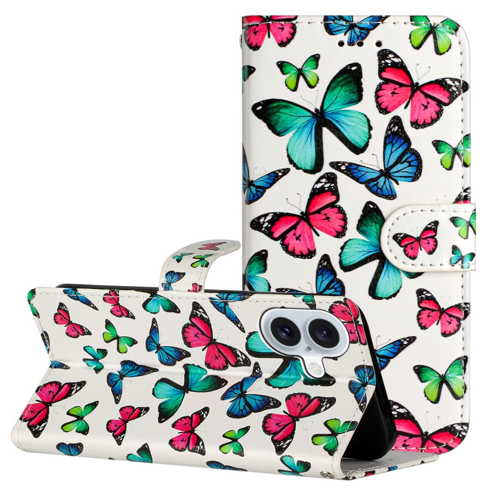 iPhone 16 Leder Tasche Hülle mit Kartenfach Bunte Schmetterlinge
